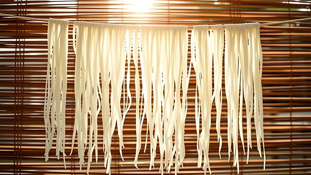 somen. Thin white noodles drying on a bamboo blind in soft sunlight. menu design, packaging mockups, designed for food delivery and cloud-kitchen brand materials.