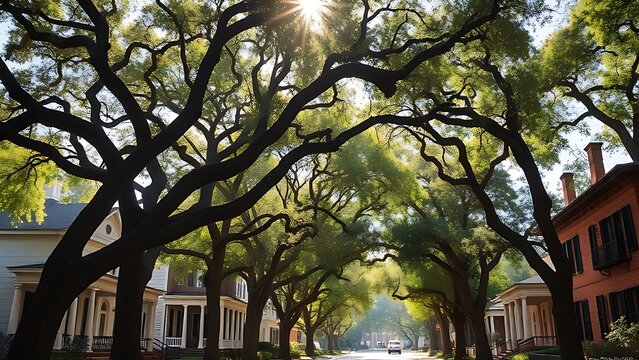 antebellum. Historic southern homes under ancient oak trees in a district. real-estate listings, architecture portfolios, designed for real-estate listing and luxury residence showcases.