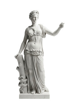transparent marble statue of a classical greek goddess figure with flowing drapery and coiled serpent detail, standing in contrapposto pose, isolated on a transparent background, classical