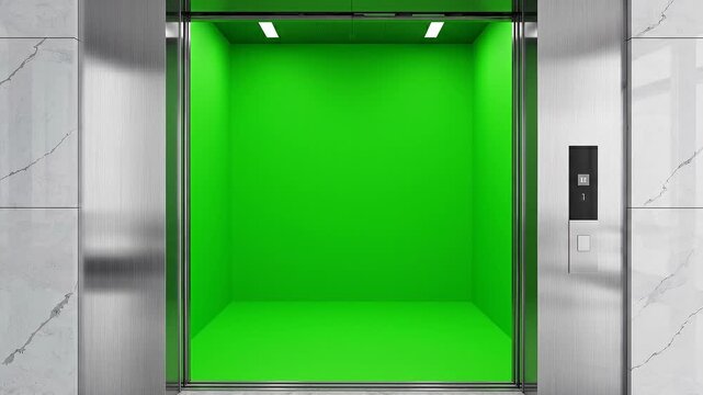 Modern Elevator Doors Opening with Vibrant Green Screen