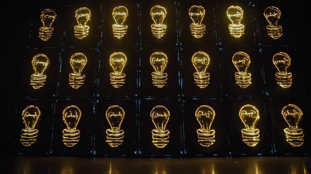 Lit grid of light bulbs with Arabic script against black backdrop, glowing gold