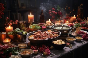 Obraz premium Appetizing seafood boil pot with assorted dishes and steaming soup on a candlelit rustic table