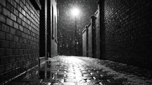 Black and white view of a snow covered alleyway illuminated by a single street light in winter