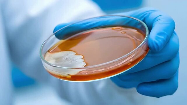 Scientist hand in blue glove holding petri dish with mold and bacteria culture, microbiology research
