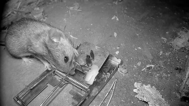 Very skilled Yellow-necked mouse (Apodemus flavicollis) taking seeds from a mousetrap.