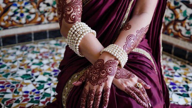 Elegant woman in traditional sari with intricate mehndi designs. She poses gracefully in vibrant setting. Cultural celebration showcases beauty and artistry of heritage.