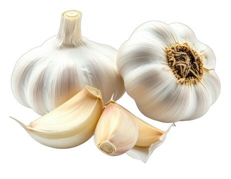 Close-up of whole garlic bulbs and cloves, isolated against black