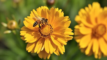 Obraz premium Bee collecting pollen on yellow flower in garden 