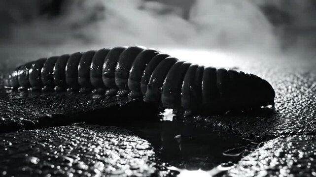 Black and white close up of a segmented earthworm crawling on a wet, textured surface, mysterious atmosphere.