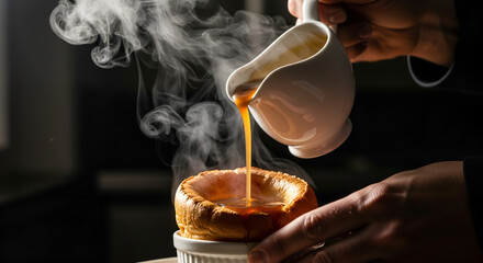 Dynamic gravy pouring moment highlighting texture and warmth of Yorkshire pudding.