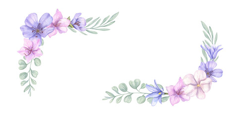 Fototapeta premium Watercolor spring flowers, foliage rectangle border on isolated background. Delicate flower, leaves in pastel colors. Floral illustration with copy space for text. Valentine day greeting cards.