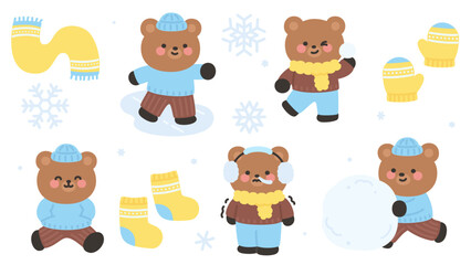 Naklejka premium Winter Bear Character Outfit Set with Cute Poses and Cold Weather Clothing