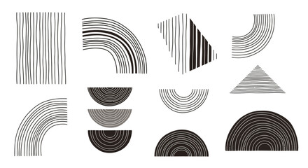 Abstract geometric lines arrangement with rectangles, triangles, and arcs in grayscale monochrome,