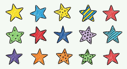 Whimsical constellation of hand-drawn stars in vibrant colors and playful patterns against soft © iconicBashit