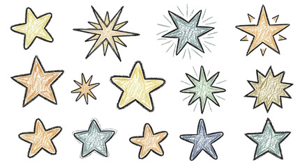 Obraz premium Hand drawn star set, diverse celestial shapes and textures in a charming pastel color palette on