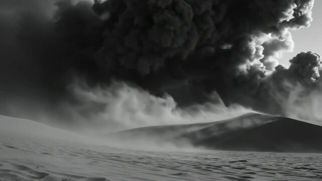 Dramatic black and white landscape of desert dunes with a massive volcanic ash cloud rising into the sky