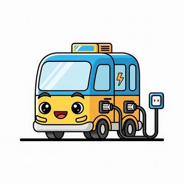 Cartoon Electric Van Charging at Station.