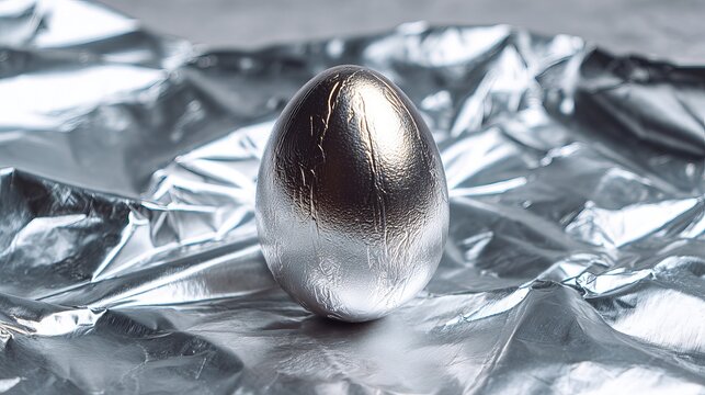 A shiny silver Easter egg sitting on crumpled aluminum foil