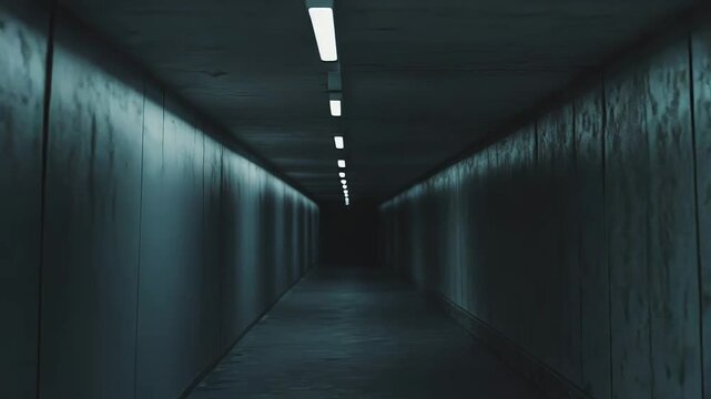 Long concrete tunnel depicting a path forward into an unknown, with light fixtures guiding the way and creating a sense of isolation, mystery, and an uncertain future