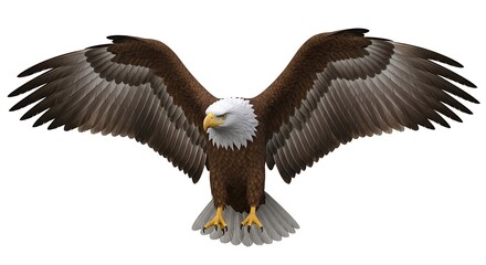 Obraz premium Majestic Bald Eagle Flying with Wings Fully Spread Symbolizing Freedom and Power Against a White Background