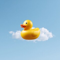 Fototapeta premium Rubber duck floating in empty sky instead of water, playful surreal concept, copy space