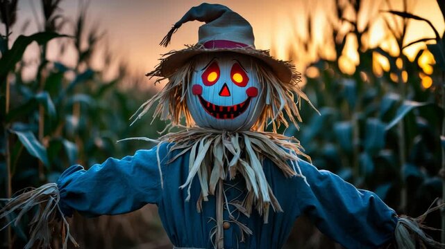Cinematic medium shot of a spooky scarecrow with a glowing jack o lantern face standing in a dense cornfield at dusk