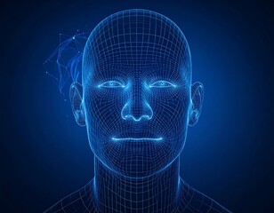 Obraz premium A blue wireframe human head with glowing lines on a dark background