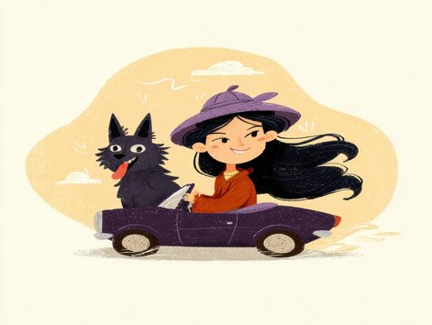 Whimsical Witch Drive a Car with Dog Friend in Cartoon Style Art Work