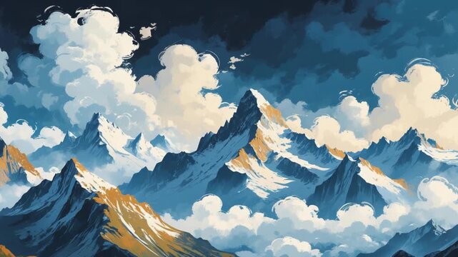 Moody and majestic digital painting of jagged mountain summits rising above a dense layer of billowing white clouds under a dark blue sky.