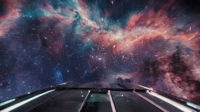 A spaceship's glass ceiling view showcases a vibrant nebula amidst a starry night sky