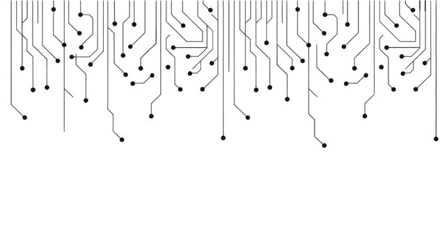 Abstract circuit board pattern with black lines and nodes on a white background