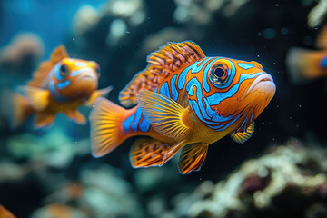 Obraz premium Tropical Mandarin Fish Dancing Through the Ocean’s Coral Garden