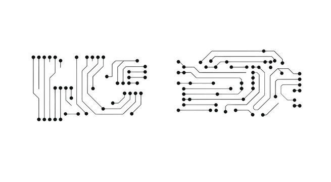 Circuit board design forming the letters lg in a minimalist black and white style