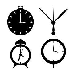 Collection of simple black and white clock and watch silhouette icons for time concepts