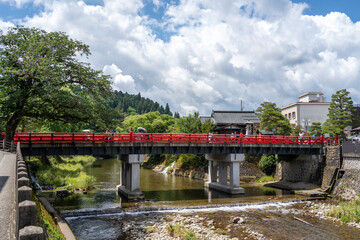 Fototapeta premium Nakabashi Bridge over Miyagawa River in Takayama, Japan