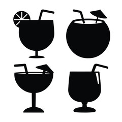 Collection of silhouette icons depicting various summer cocktails and tropical drinks with garnishes