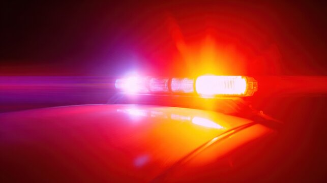 Blurred police car lights flashing at night for emergency response and law enforcement services background with abstract red and blue glow for security concept