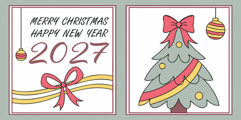 Naklejka premium Merry Christmas and Happy New Year 2027 Greeting Card – Festive Holiday Tree, Bow & Seasonal Celebration Artwork