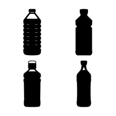 An assortment of various plastic and glass bottle shapes depicted as black silhouettes on a white background