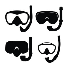 Four distinct black silhouettes of snorkel masks and breathing tubes for water sports