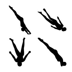 Dynamic black silhouettes depicting various diving and swimming poses in water
