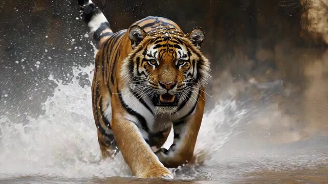 A tiger leaps through water, showcasing powerful motion and striking, contrasting markings