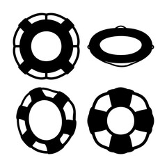 A collection of four diverse lifebuoy silhouettes, symbolizing water safety and rescue