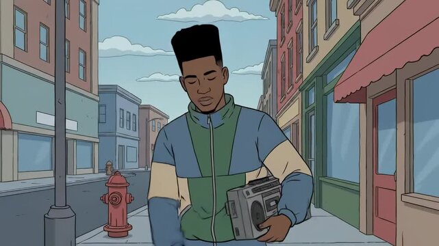 Young African American male character in colorful jacket walks down urban street holding a boombox, with buildings and a fire hydrant visible in the background