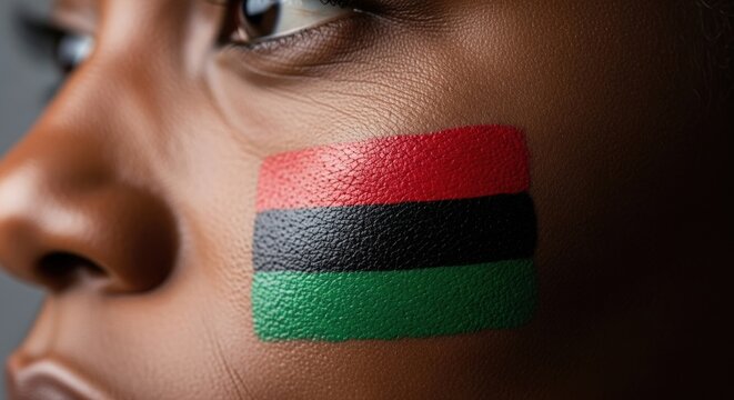 Black History Month celebration in February. Extreme close-up of African American woman face with painted Pan-African flag on cheek.