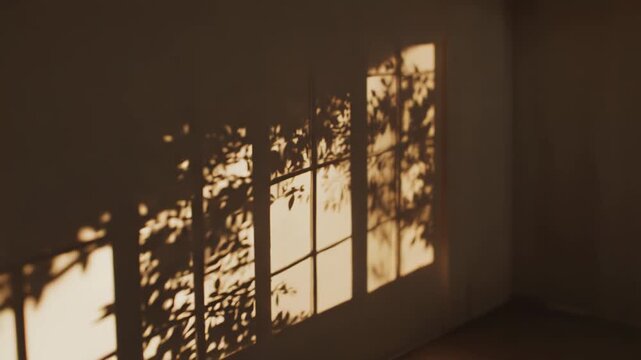 Warm golden sunlight illuminating an interior wall, creating intricate patterns of window frames and dappled leaf shadows, conveying a serene and natural ambiance