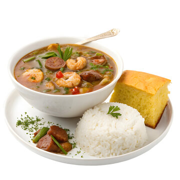 Delicious gumbo with shrimp and sausage isolated on transparent background