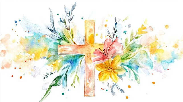 A beautiful watercolor cross surrounded by vibrant flowers and greenery on a white background for Easter or Lent