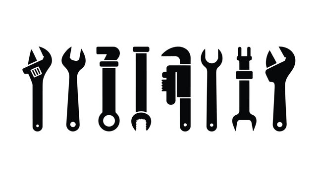 A collection of various black silhouette tools arranged in a horizontal line