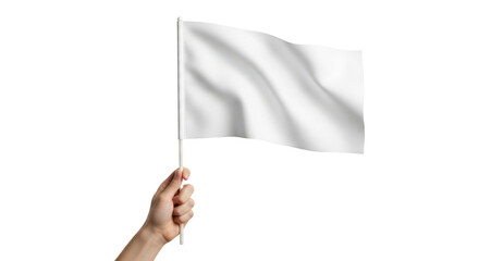 Hand holding a small waving white blank flag for mockup. Isolated on transparent background, png